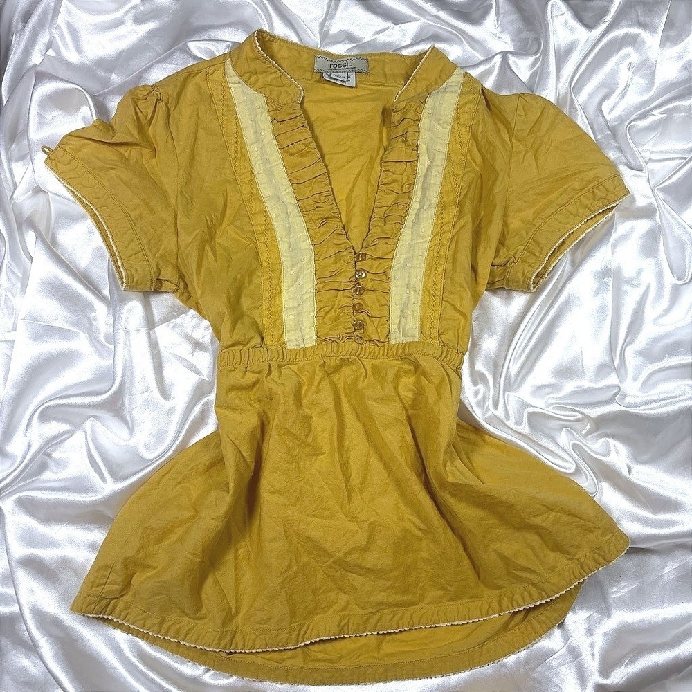 y2k Fossil Ruffle Peplum Top Yellow Swiss Dot Boho Empire Waist Blouse